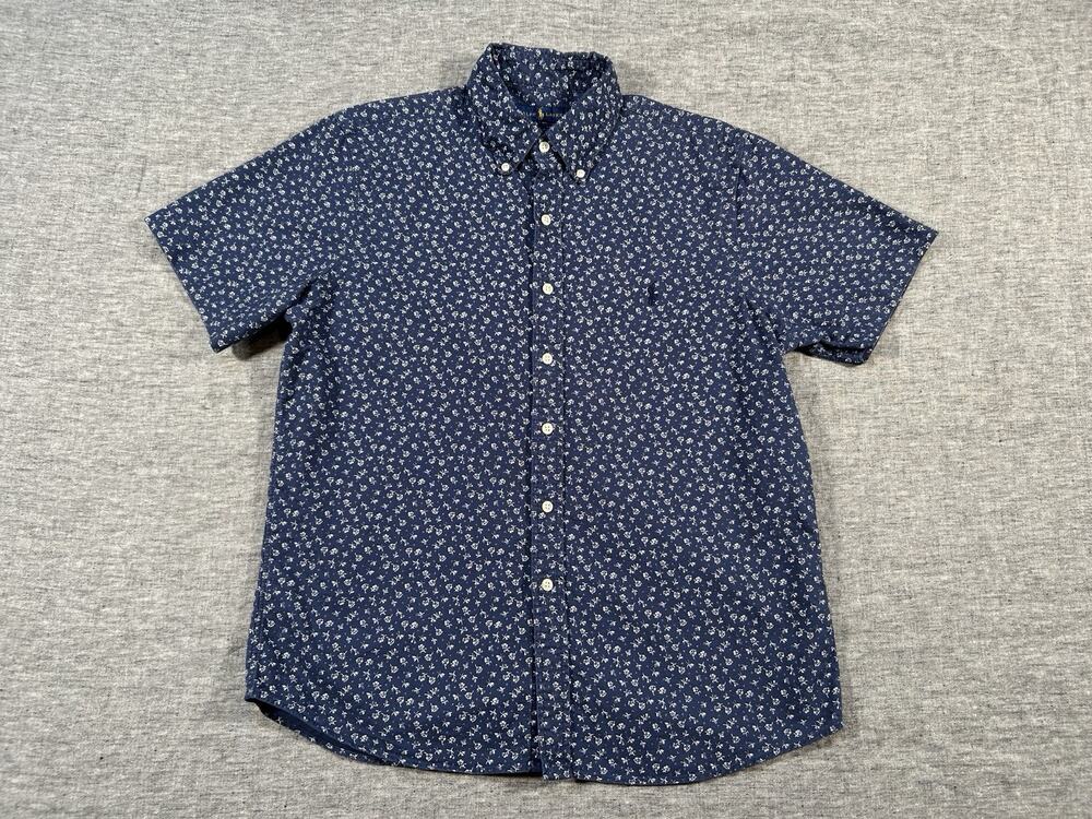 Ralph Lauren Shirt Mens Medium Navy Microfloral Short Sleeve Cotton Button-Up